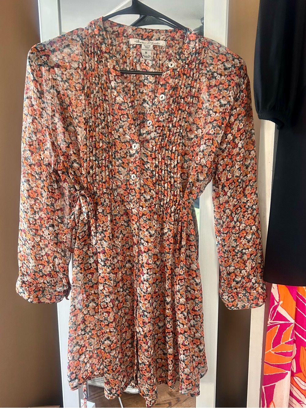 American Rag Floral Button-Front Long Sleeve Dress in Coral, White, Black